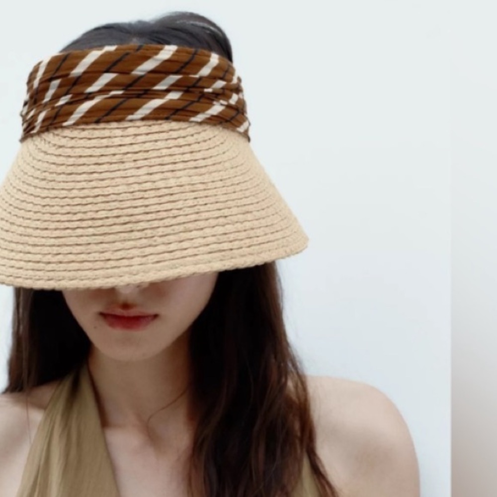 Zara NWT RAFFIA 0653/231/707 Scarf Sun Visor with Brown Striped Band - Picture 6 of 7